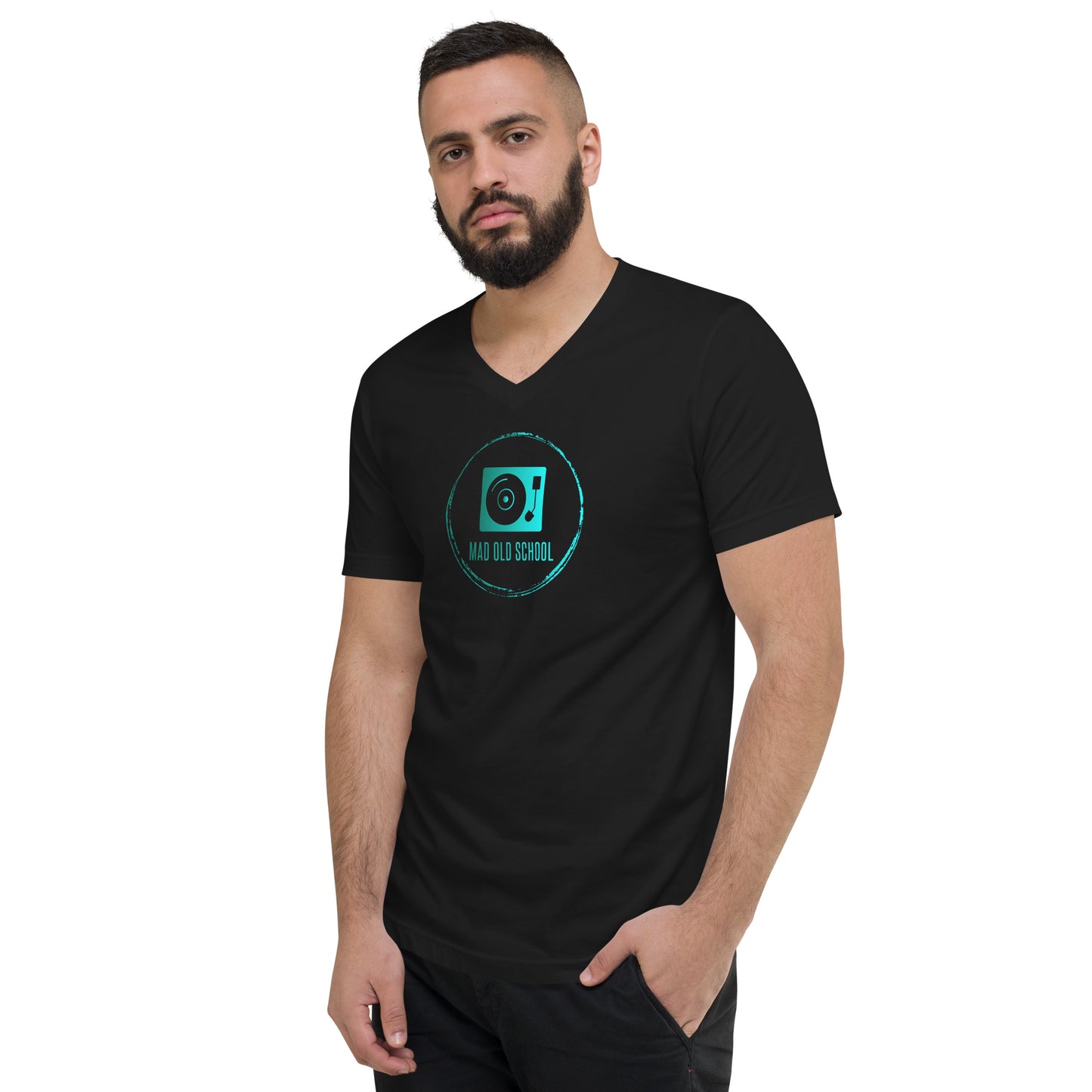 Unisex Short Sleeve V-Neck T-Shirt | Teal logo