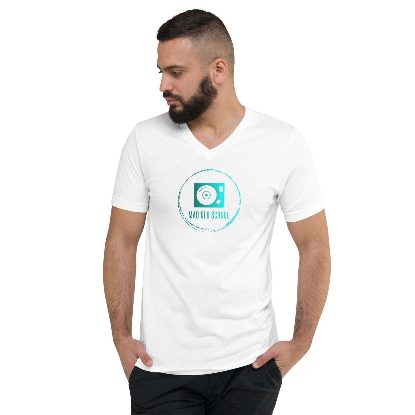 Unisex Short Sleeve V-Neck T-Shirt | Teal logo