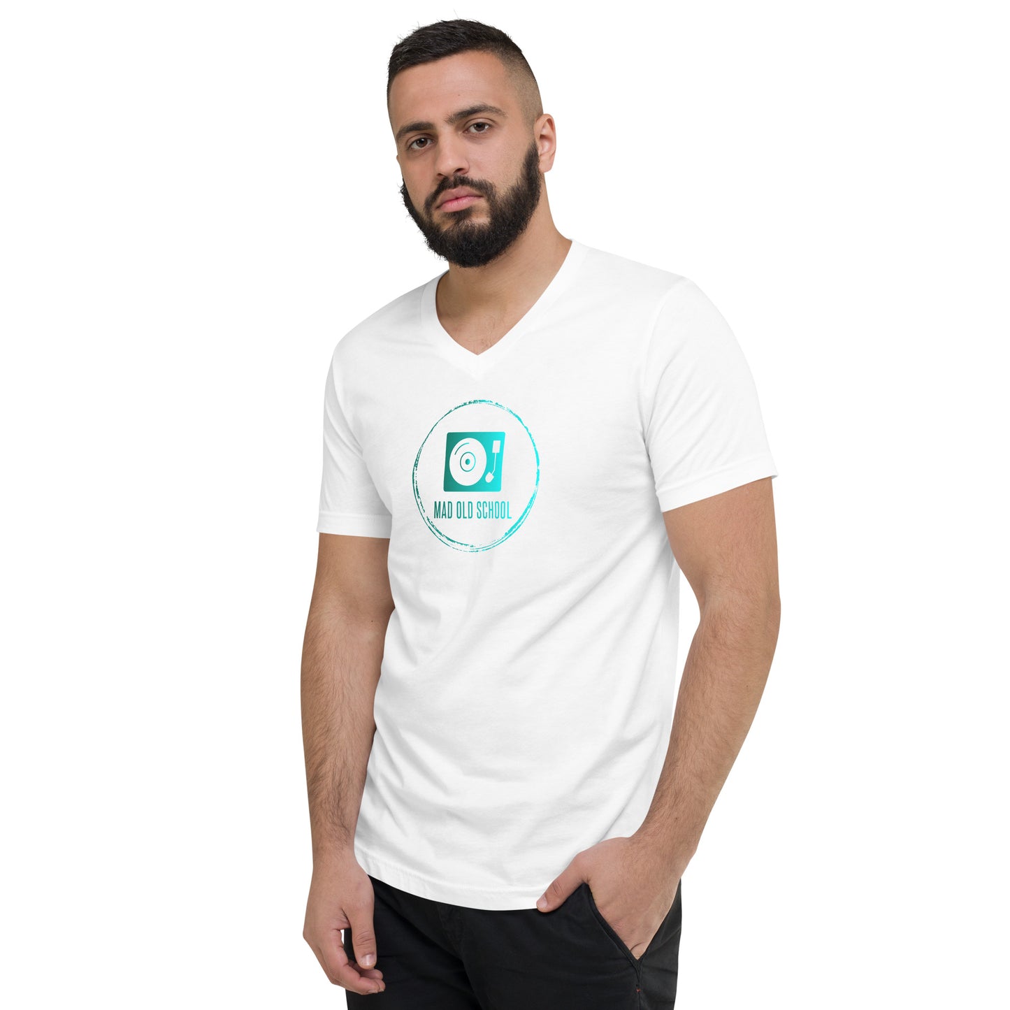 Unisex Short Sleeve V-Neck T-Shirt | Teal logo