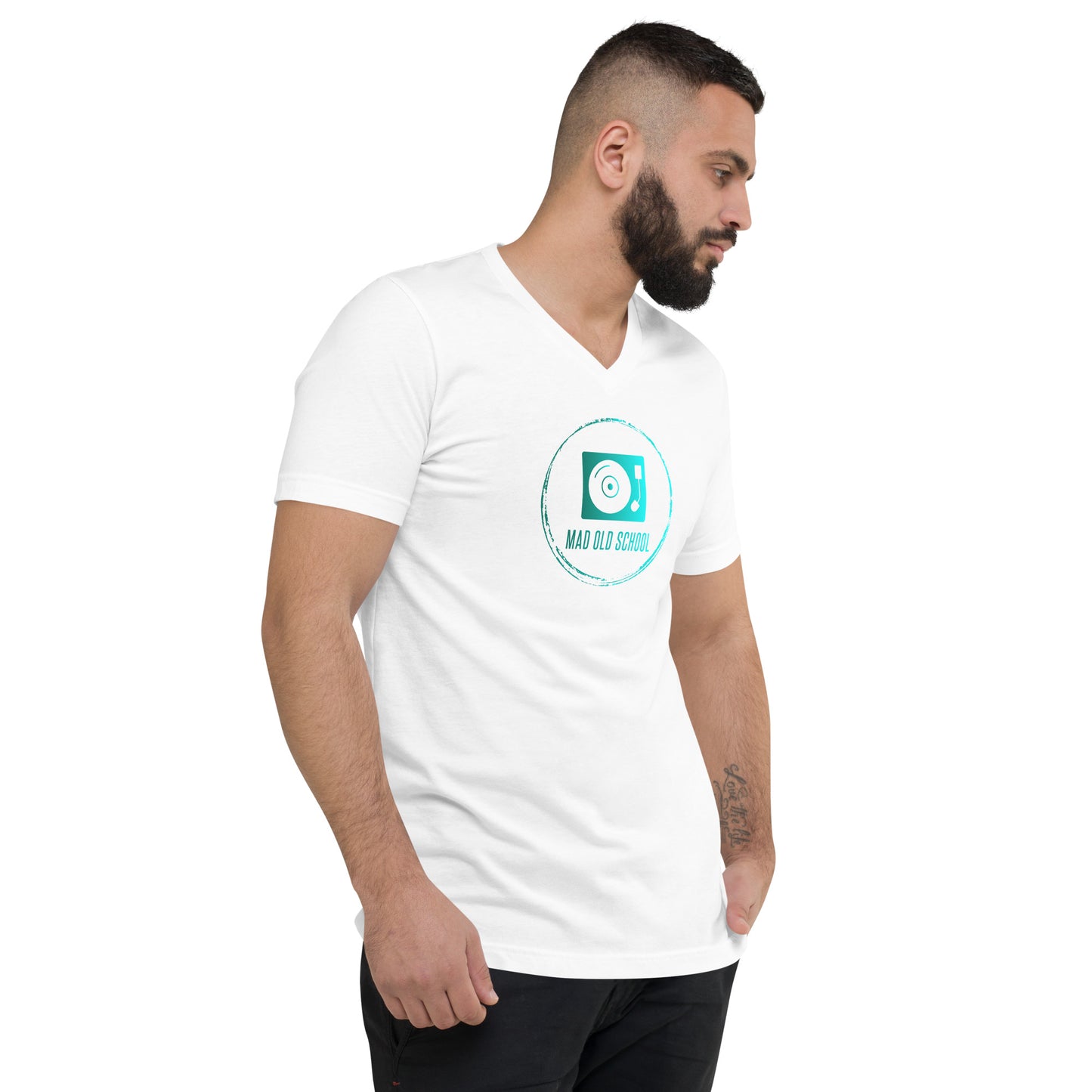 Unisex Short Sleeve V-Neck T-Shirt | Teal logo